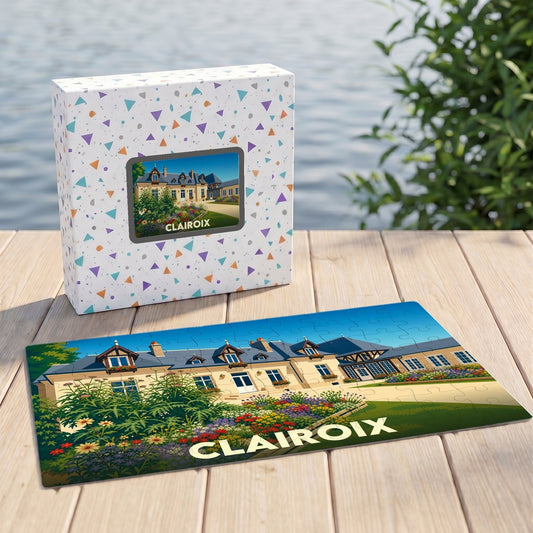 Puzzle souvenir de la ville de Clairoix présentant une illustration stylisée d'un manoir fleuri.