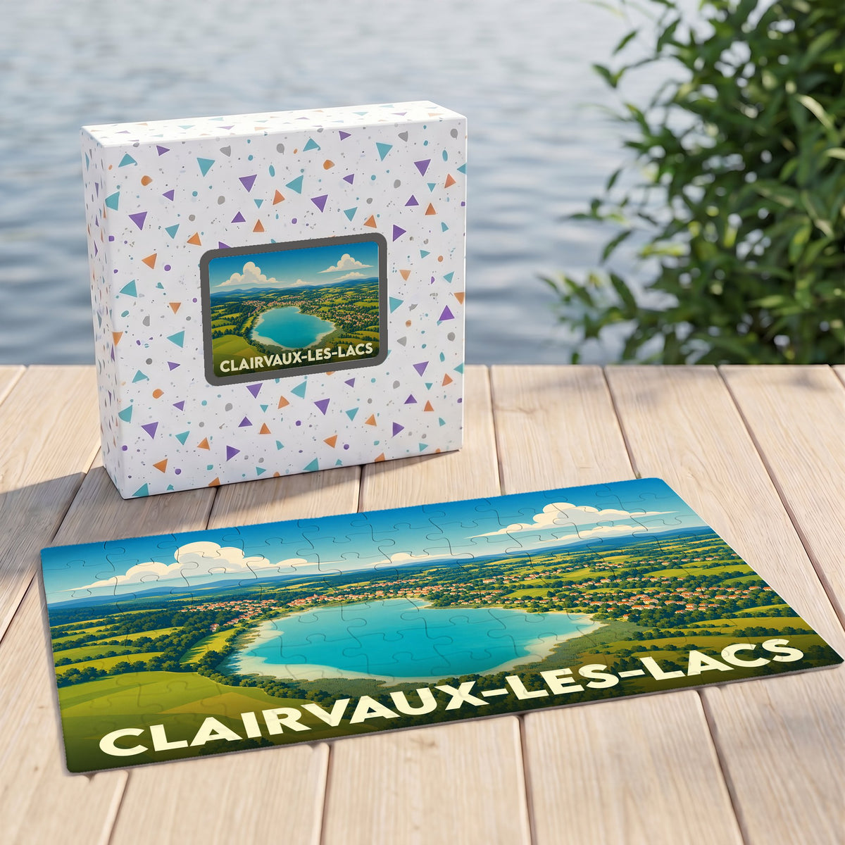 Puzzle souvenir de la ville de Clairvaux-les-Lacs avec une illustration stylisée du lac et de ses environs.