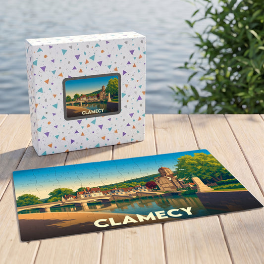 Puzzle souvenir de la ville de Clamecy avec une illustration stylisée et colorée.