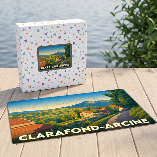 Puzzle souvenir de la ville de Clarafond-Arcine avec une illustration de paysage champêtre stylisée.
