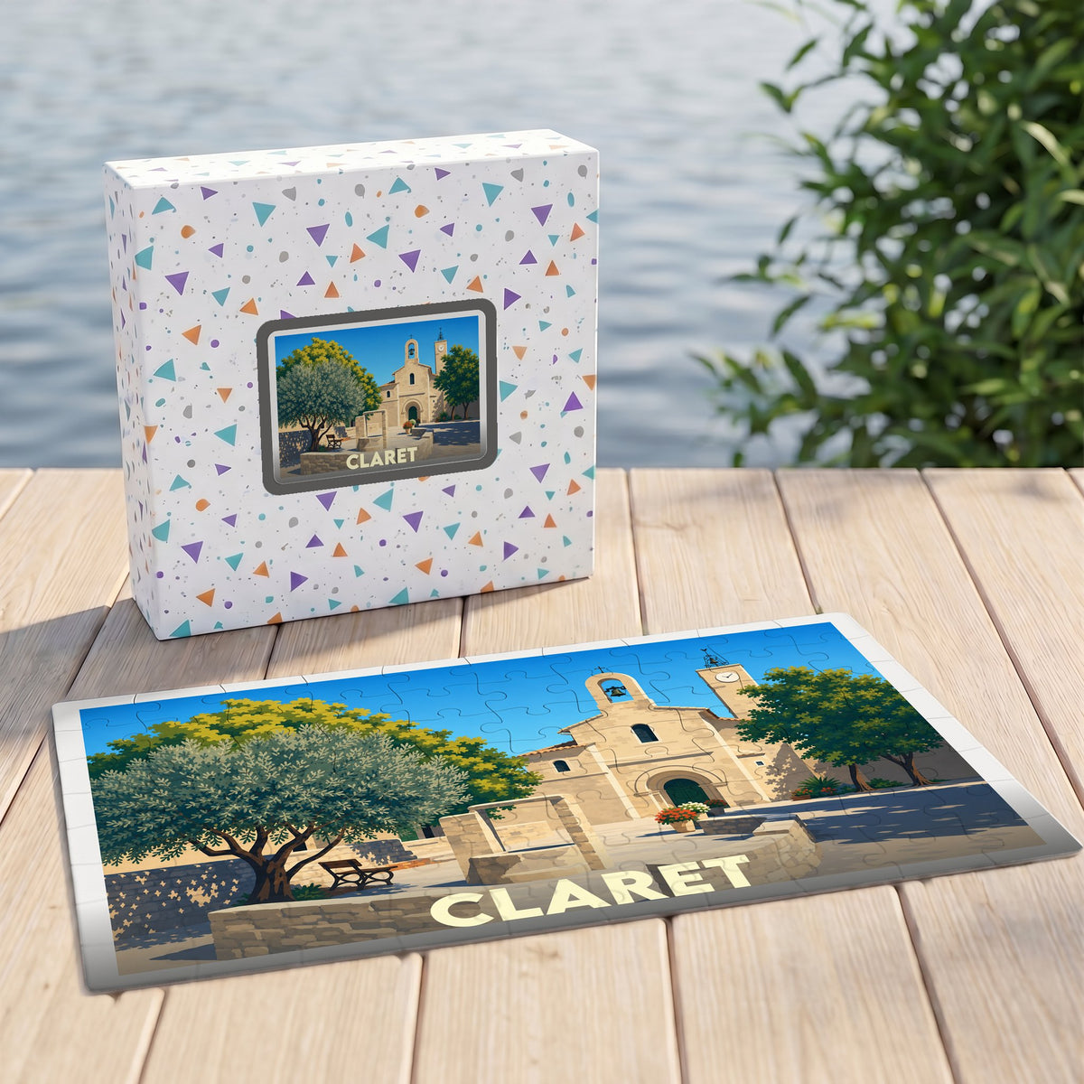 Puzzle souvenir de la ville de Claret avec une illustration stylisée de son église et de sa place.