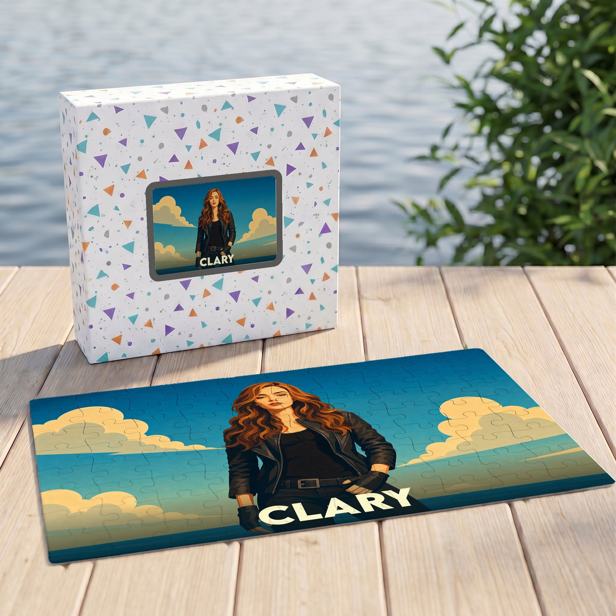 Puzzle souvenir de la ville de Clary avec une illustration stylisée d'une femme devant un paysage.