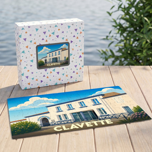 Puzzle souvenir de la ville de Clavette avec une illustration stylisée.