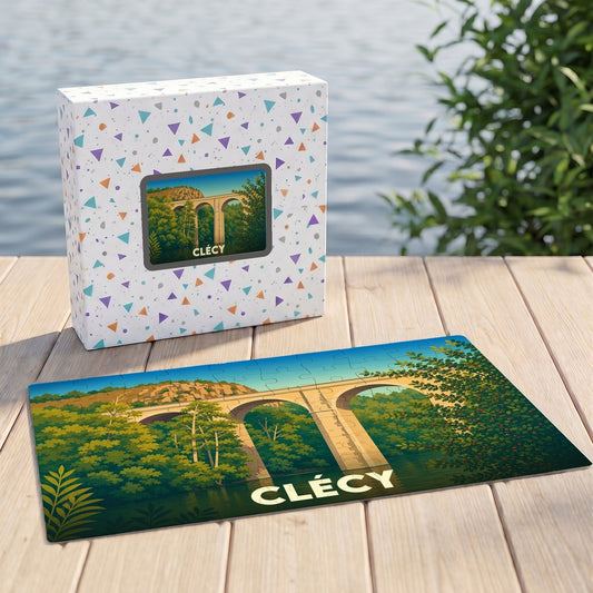 Puzzle souvenir de la ville de Clécy avec une illustration stylisée d'un viaduc.