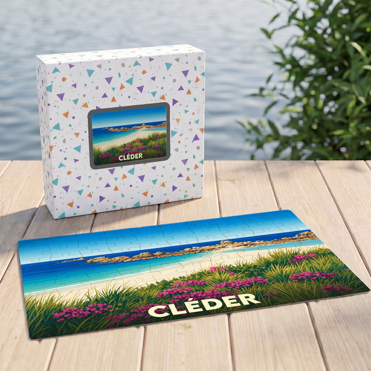 Puzzle souvenir de la ville de Cléder illustré d'un paysage côtier fleuri.
