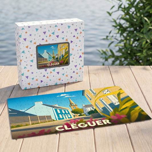 Puzzle souvenir de la ville de Cléguer avec une illustration stylisée et colorée.