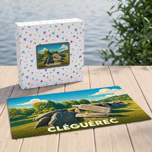 Puzzle souvenir de la ville de Cléguérec présentant une illustration stylisée d'un monument mégalithique.