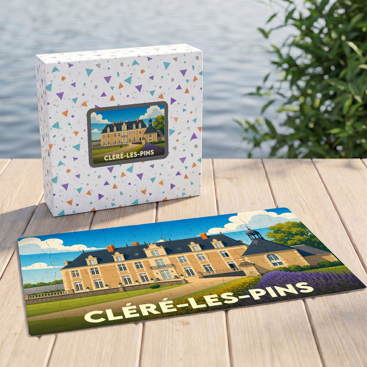 Puzzle souvenir de la ville de Cléré-les-Pins avec une illustration stylisée d'un château.