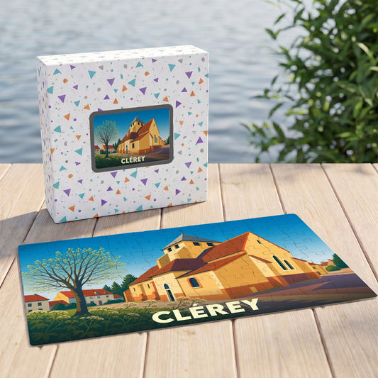 Puzzle souvenir de la ville de Clérey avec une illustration stylisée de son église.