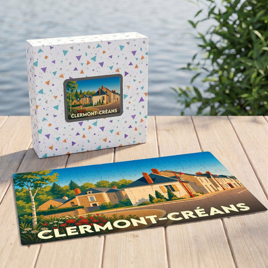 Puzzle souvenir de la ville de Clermont-Créans avec une illustration stylisée.