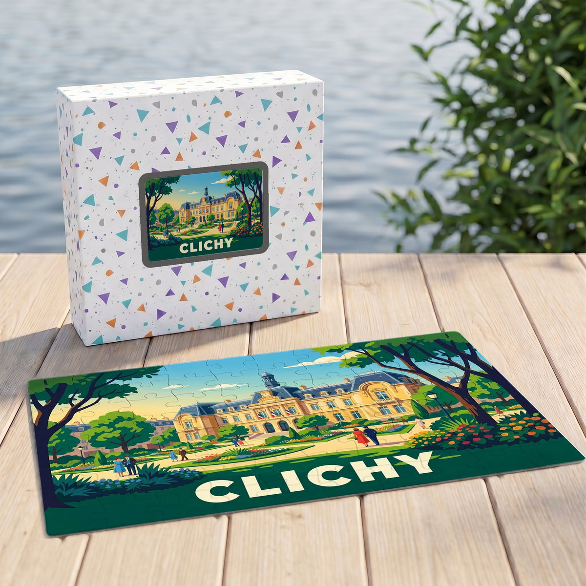 Puzzle souvenir de la ville de Clichy présentant une illustration colorée de l'hôtel de ville dans son coffret assorti.