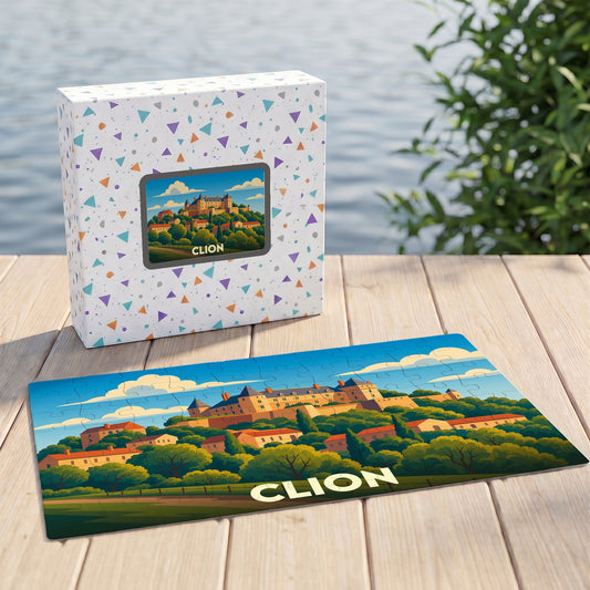 Puzzle souvenir de la ville de Clion avec une illustration stylisée d'un château sur une colline.