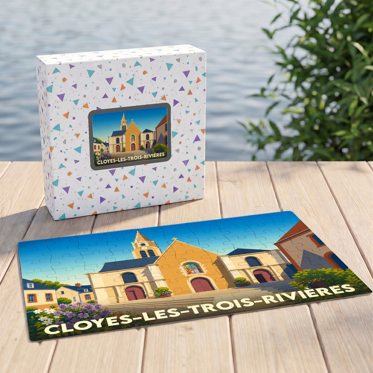 Puzzle souvenir de la ville de Cloyes-les-Trois-Rivières illustrant une église stylisée sous un ciel bleu.