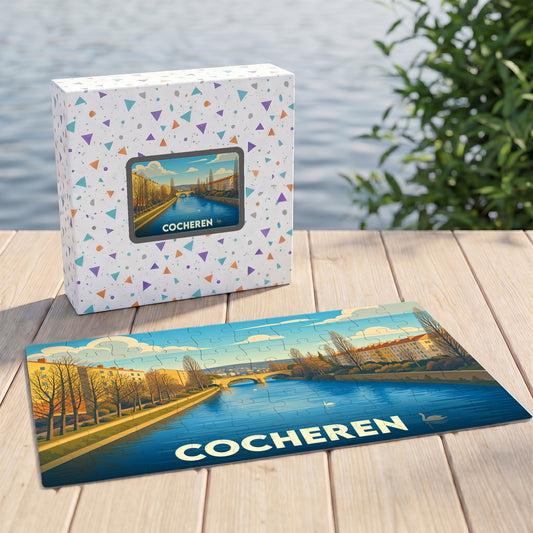 Puzzle souvenir de la ville de Cocheren représentant un paysage fluvial illustré dans un style vintage.