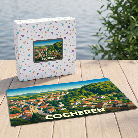 Puzzle souvenir de la ville de Cocheren représentant un paysage illustré dans son coffret assorti.