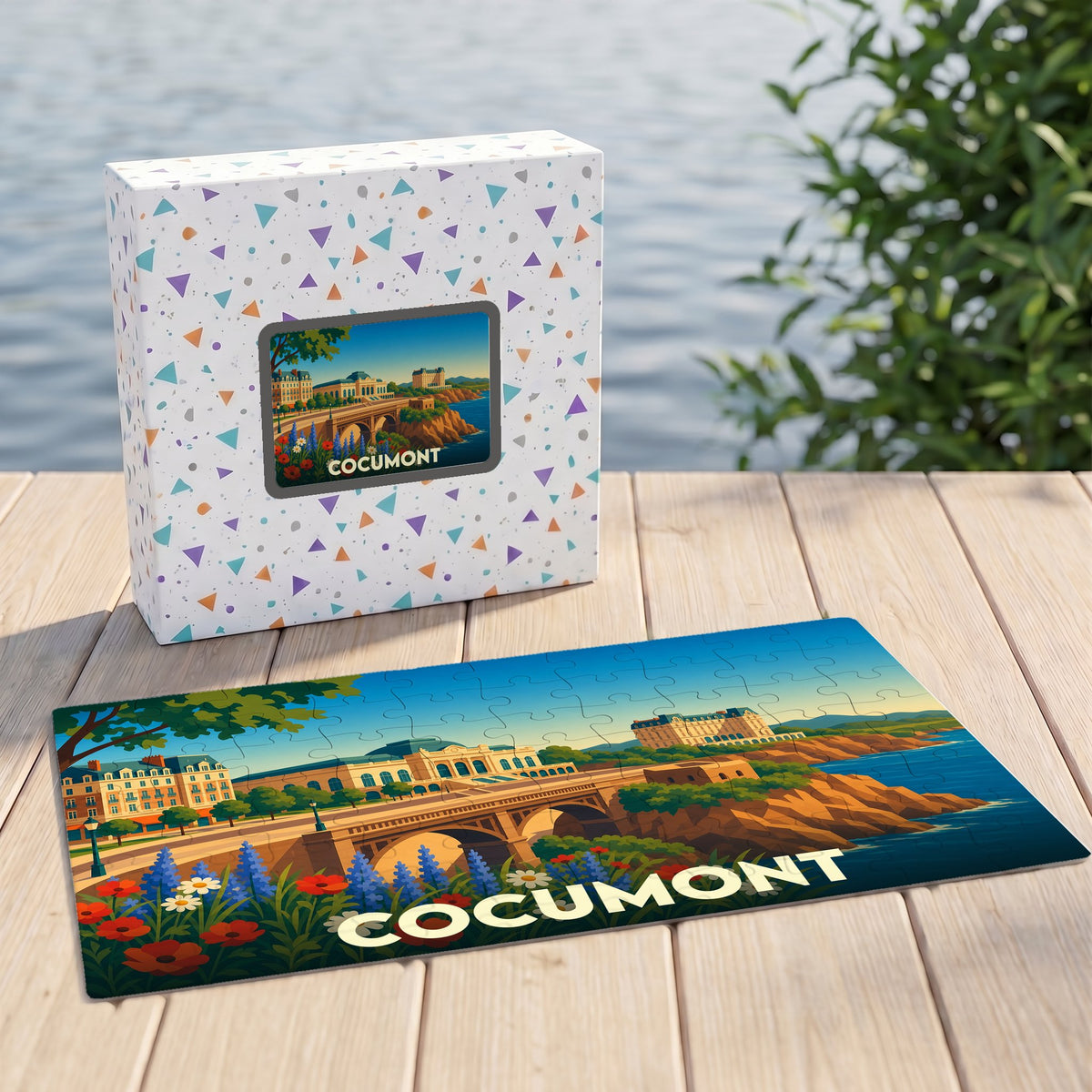 Puzzle souvenir de la ville de Cocumont avec une illustration stylisée de son paysage urbain et côtier.