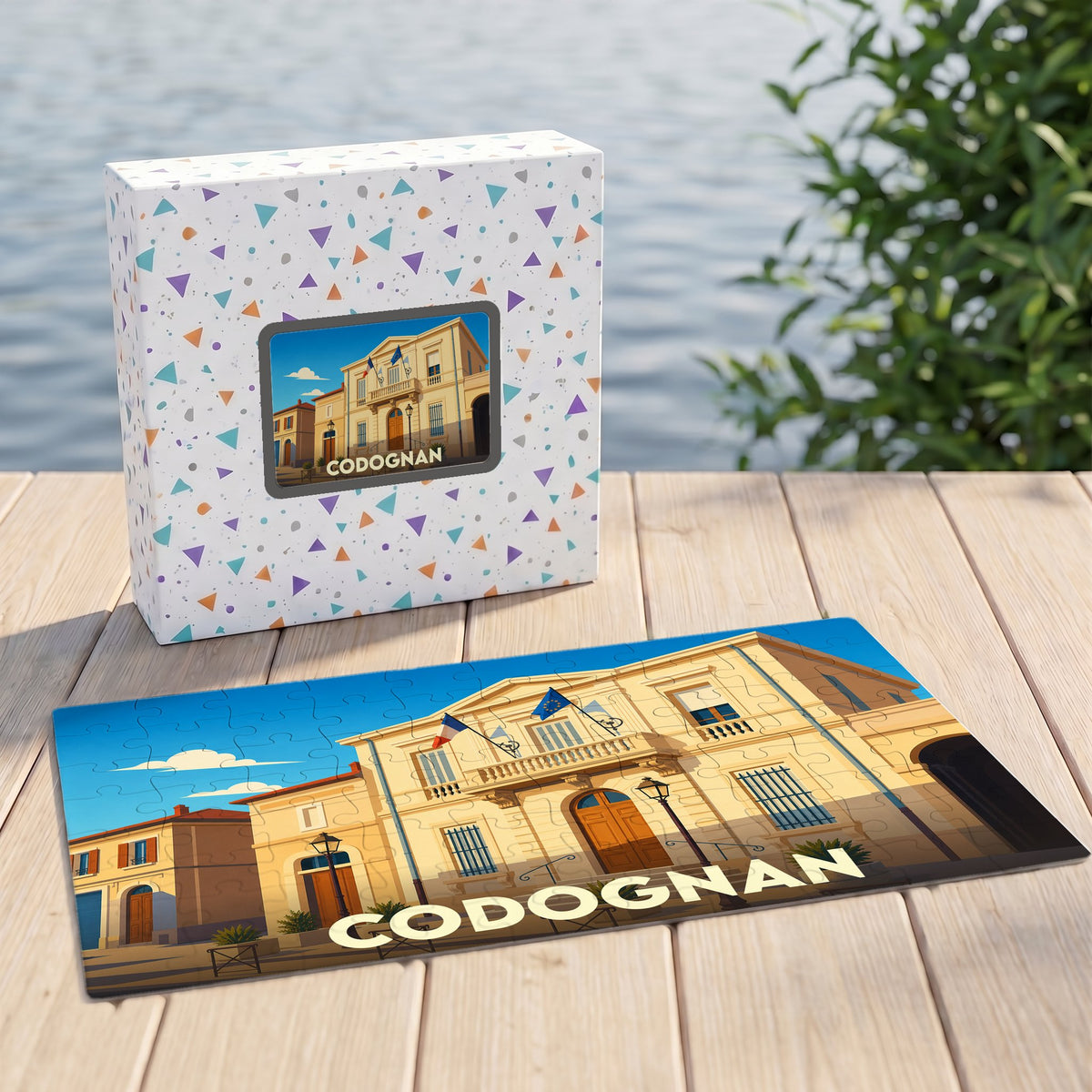 Puzzle souvenir de la ville de Codognan avec une illustration stylisée d'un bâtiment emblématique.