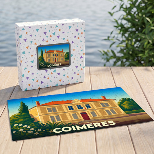 Puzzle souvenir de la ville de Coimères avec une illustration stylisée.