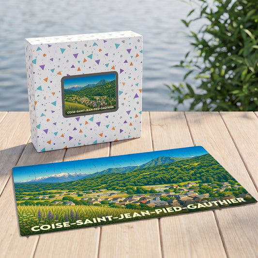 Puzzle souvenir de la commune de Coise-Saint-Jean-Pied-Gauthier avec une illustration paysagère stylisée.
