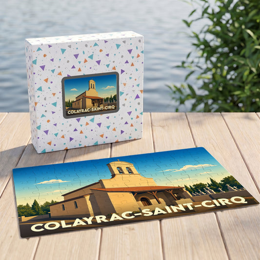 Puzzle souvenir de la ville de Colayrac-Saint-Cirq avec une illustration stylisée de son église.