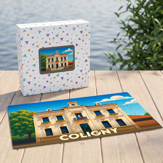 Puzzle souvenir de la ville de Coligny avec une illustration stylisée d'un bâtiment historique.