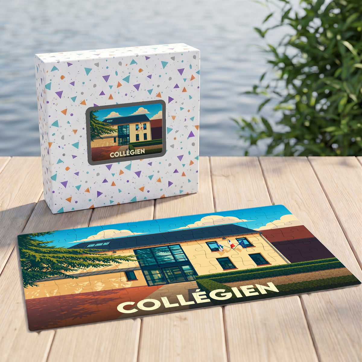 Puzzle souvenir de la ville de Collégien avec une illustration stylisée de sa mairie.