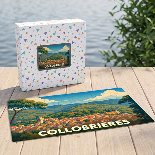 Puzzle souvenir de la ville de Collobrières avec une illustration stylisée de son paysage vallonné.