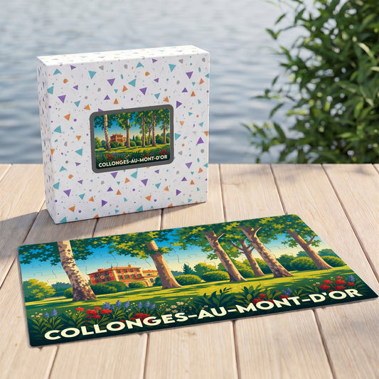 Puzzle souvenir de Collonges-au-Mont-d'Or représentant une illustration stylisée de la ville dans son coffret assorti.