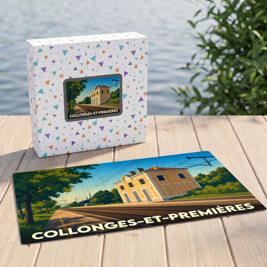 Puzzle souvenir de la commune de Collonges-et-Premières avec une illustration stylisée de sa gare ferroviaire.