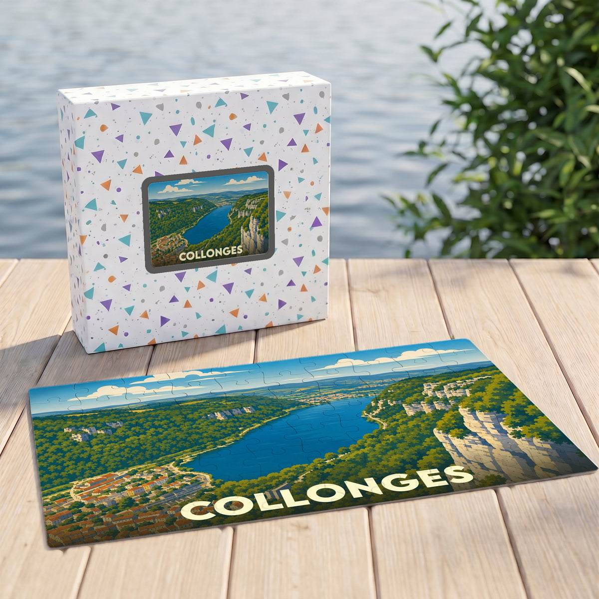 Puzzle souvenir de la ville de Collonges avec une illustration stylisée d'un paysage panoramique.