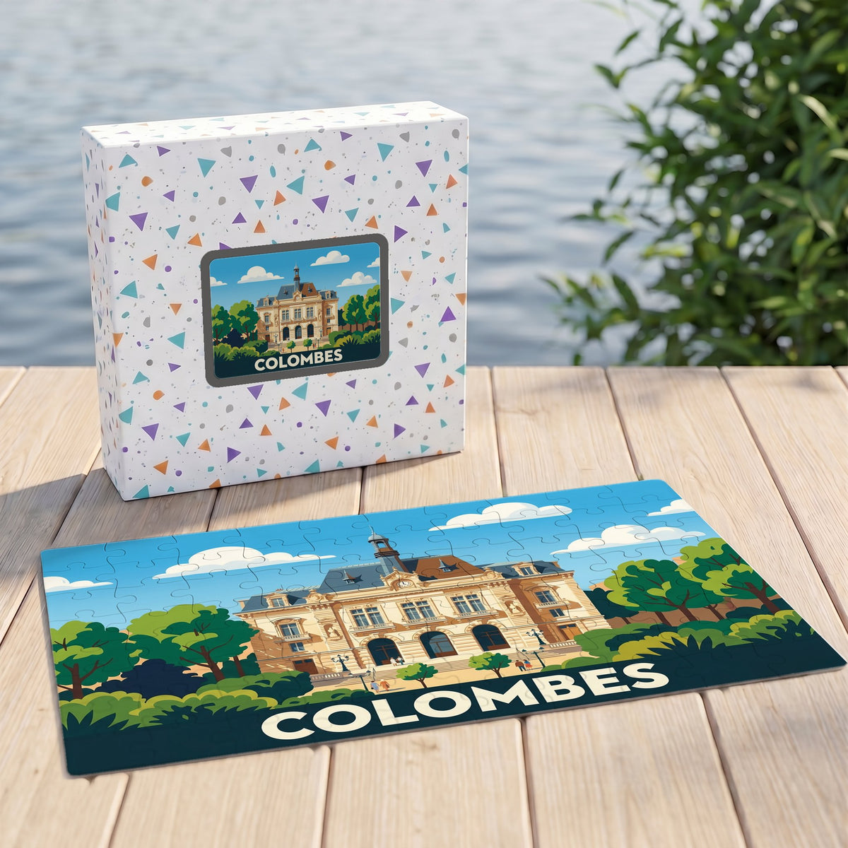 Puzzle souvenir de la ville de Colombes présentant une illustration stylisée de son hôtel de ville.