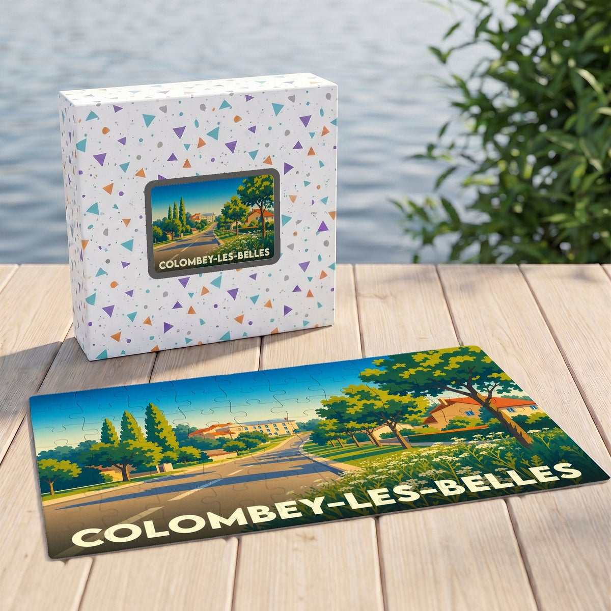 Puzzle souvenir de la ville de Colombey-les-Belles avec une illustration paysagère stylisée.