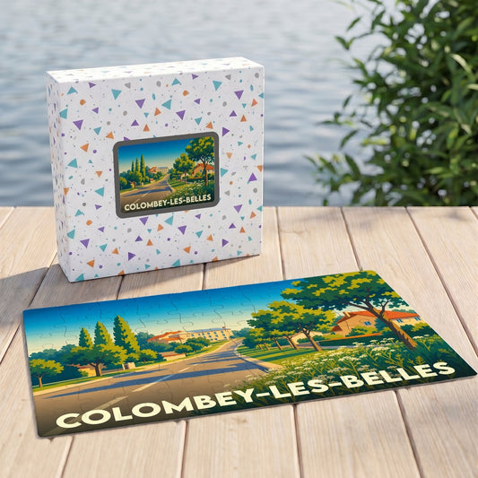 Puzzle souvenir de la ville de Colombey-les-Belles avec une illustration paysagère stylisée.