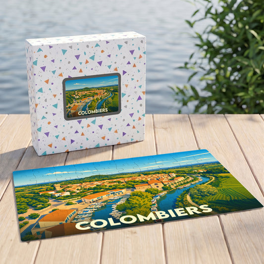 Puzzle souvenir de la ville de Colombiers présentant une illustration stylisée et colorée de son port et du canal.