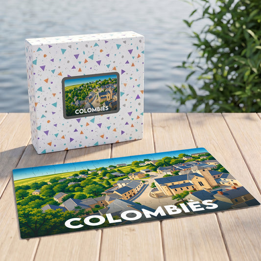 Puzzle souvenir de la ville de Colombiès avec une illustration stylisée et colorée.