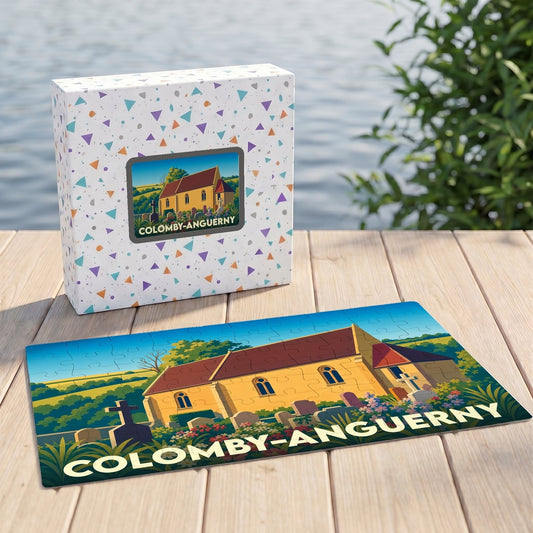 Puzzle souvenir de la ville de Colomby-Anguerny avec une illustration stylisée.
