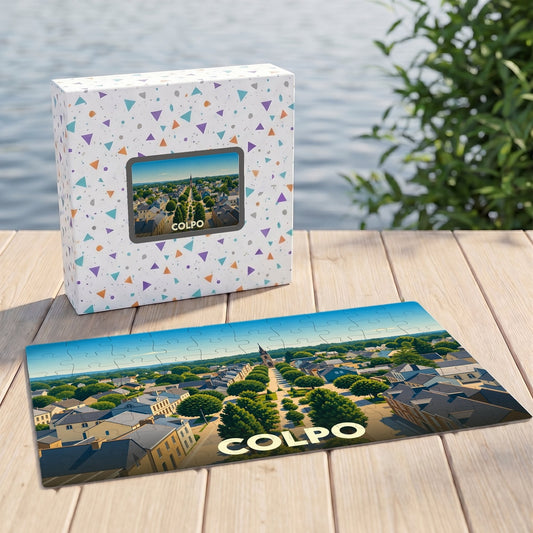 Puzzle souvenir de la ville de Colpo avec une illustration aérienne colorée.