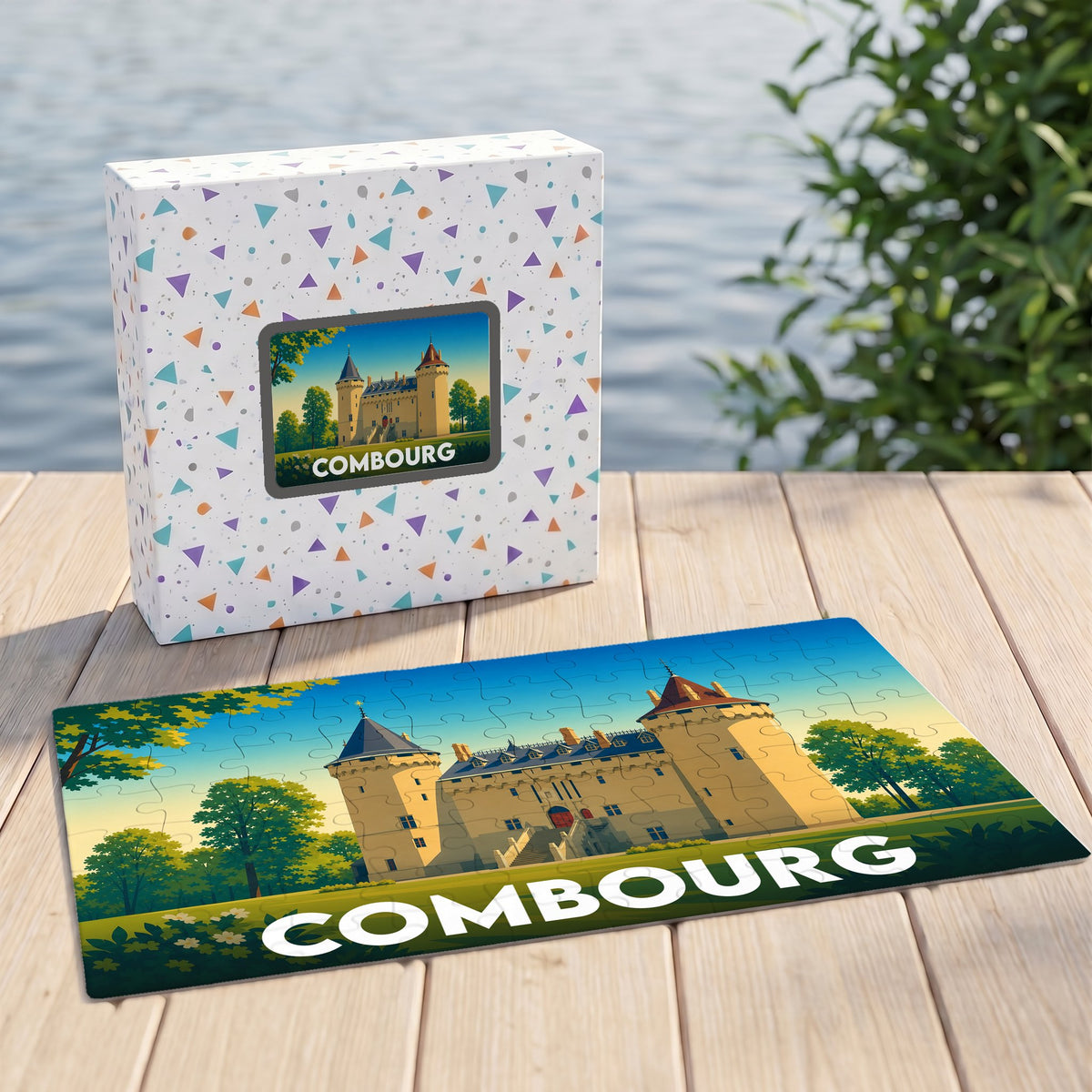 Puzzle souvenir de la ville de Combourg présentant une illustration stylisée de son château.