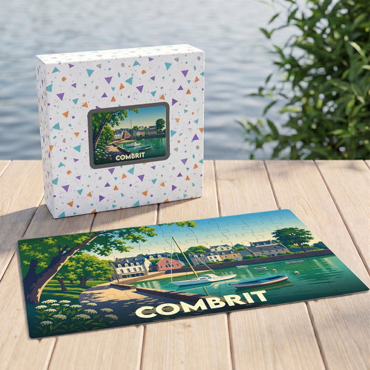 Puzzle souvenir de la ville de Combrit illustré d'un paysage côtier stylisé.
