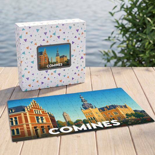 Puzzle souvenir de la ville de Comines illustrant ses monuments historiques dans un style graphique épuré.