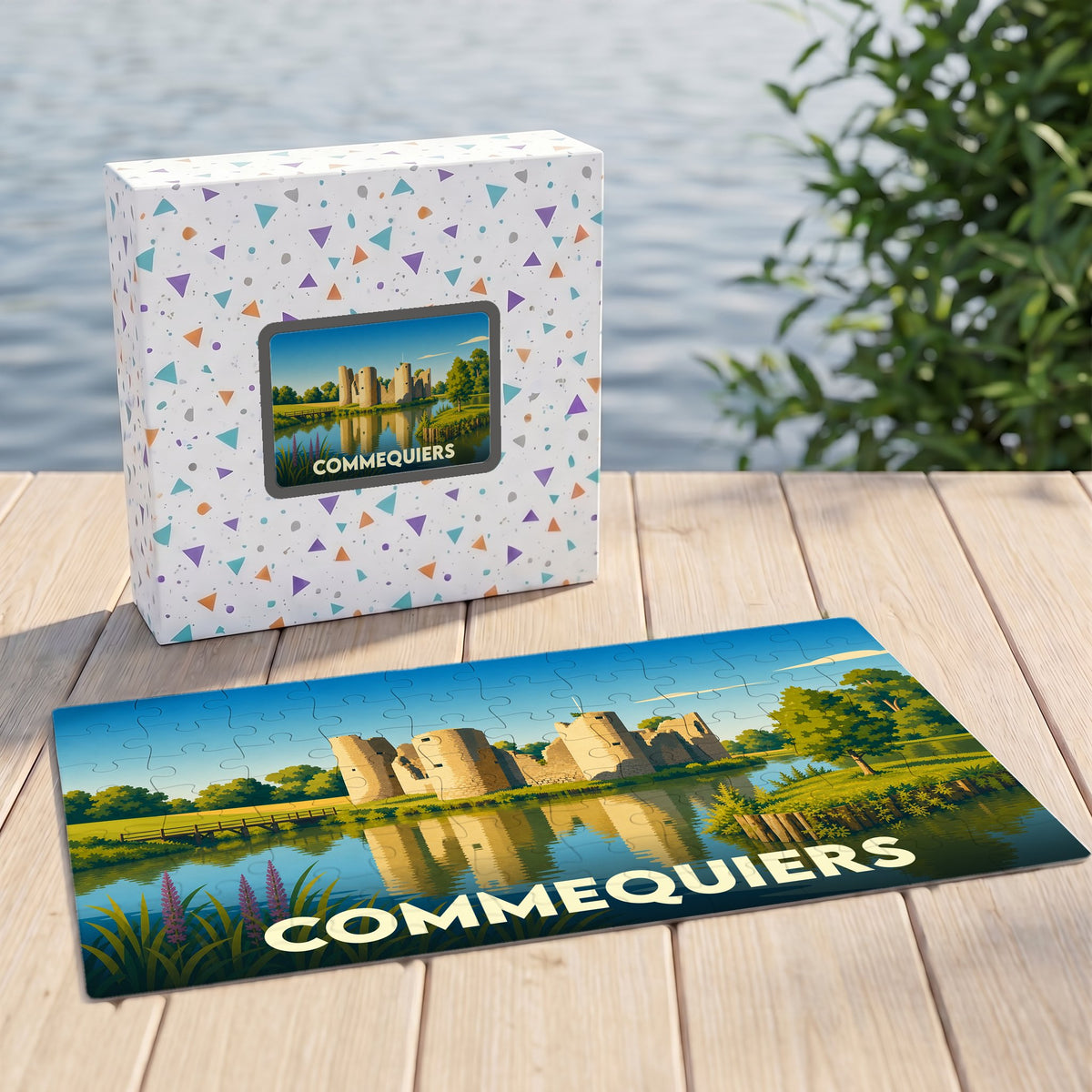 Puzzle souvenir de la ville de Commequiers illustrant son château médiéval au bord de l'eau.