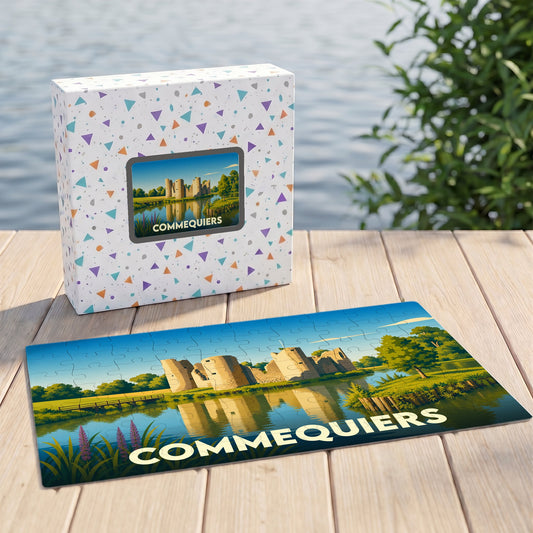 Puzzle souvenir de la ville de Commequiers illustrant son château médiéval au bord de l'eau.