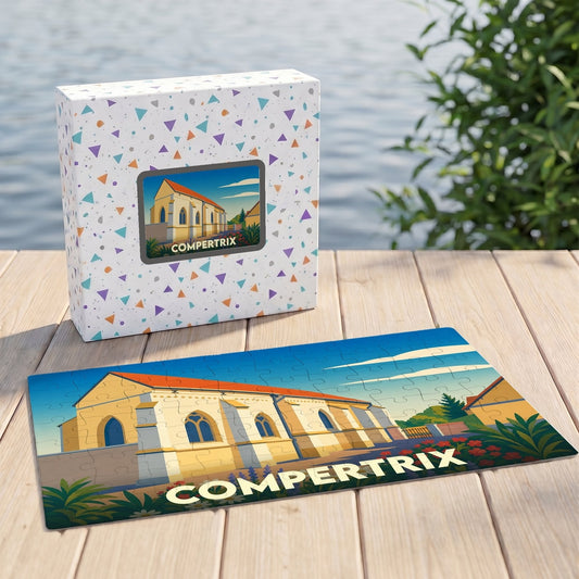 Puzzle souvenir de la ville de Compertrix avec une illustration stylisée d'un bâtiment historique.