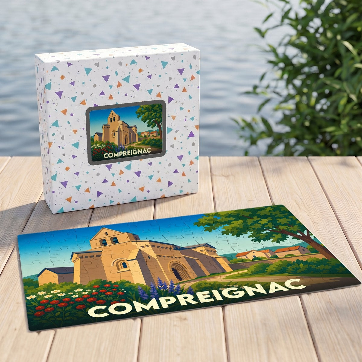 Puzzle souvenir de la ville de Compreignac avec une illustration stylisée de son église.