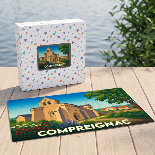 Puzzle souvenir de la ville de Compreignac avec une illustration stylisée de son église.