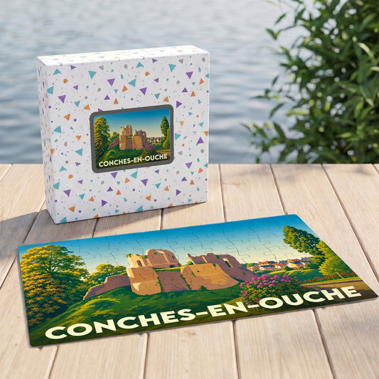 Puzzle souvenir de la ville de Conches-en-Ouche avec une illustration stylisée de son château médiéval.