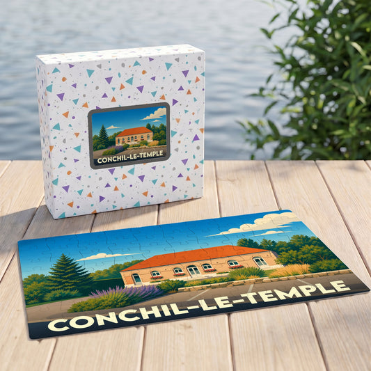 Puzzle souvenir de la ville de Conchil-le-Temple avec une illustration stylisée et colorée.