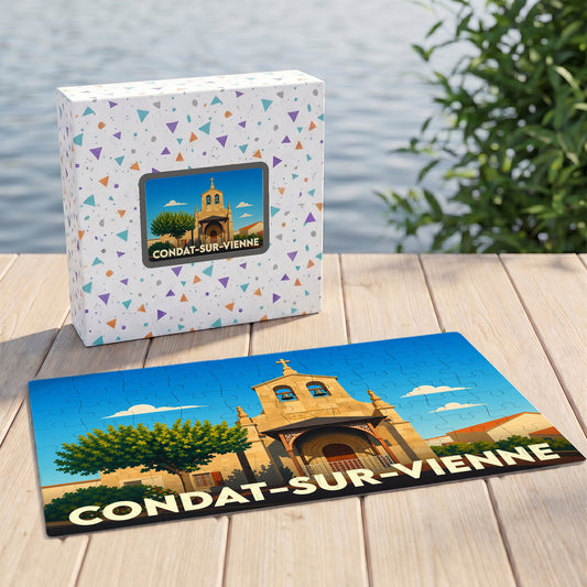 Puzzle souvenir de la ville de Condat-sur-Vienne avec une illustration stylisée de son église.