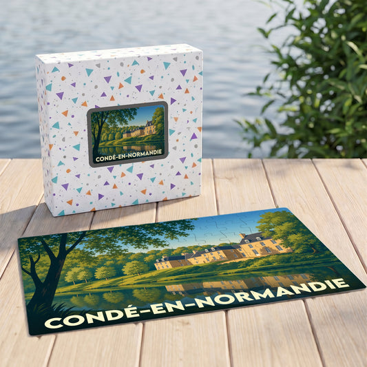 Puzzle souvenir de la ville de Condé-en-Normandie avec une illustration stylisée d'un château en bord de l'eau.