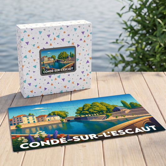 Puzzle souvenir de la ville de Condé-sur-l'Escaut avec une illustration stylisée d'un paysage urbain au bord de l'eau.